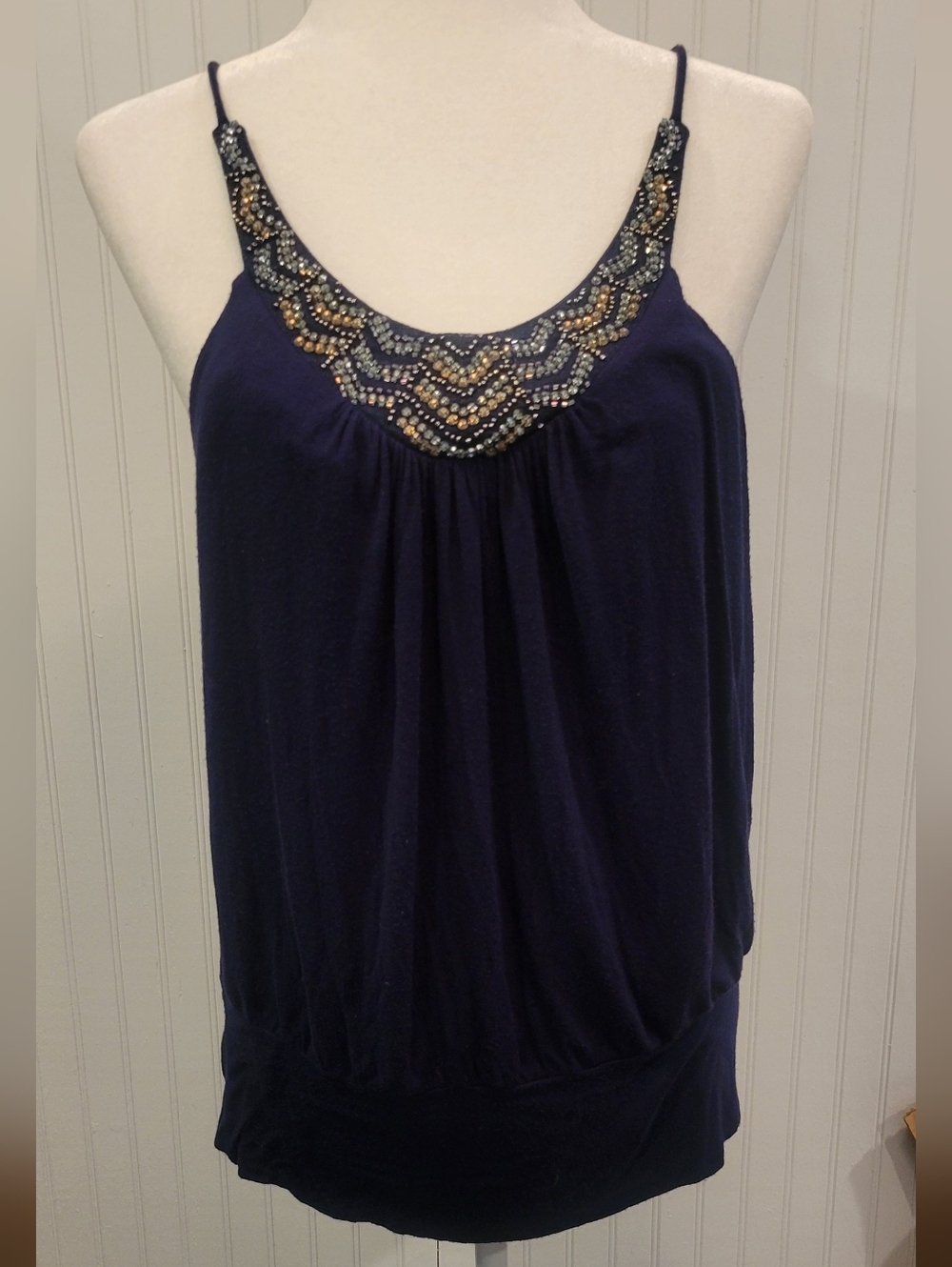 Maurices Lg Navy Beaded Scoop Neck Spaghetti Strap Tank Top